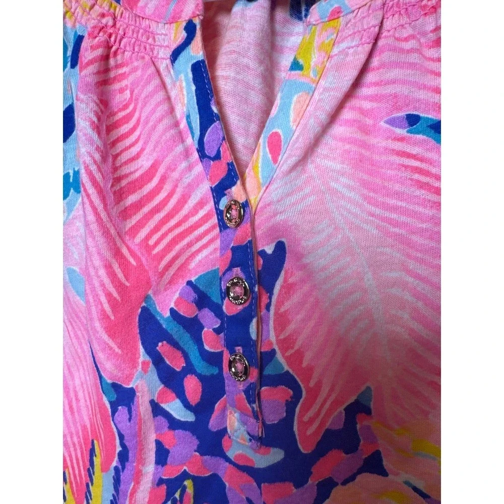 Lilly‎ Pulitzer Kids Pink Blue Tropical Palm Print Cotton Shift Dress Large 8-10